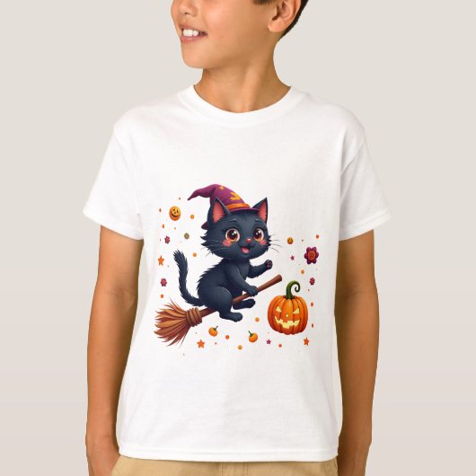 Cute Witch Kitten Riding Broom Halloween T-shirt (Voorkant)