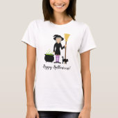 Cute Witch met haar kat en Happy Halloween-tekst T-shirt (Voorkant)