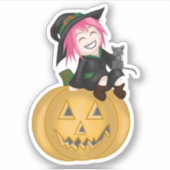 Cute Witch met pompoen Sticker (Voorkant)