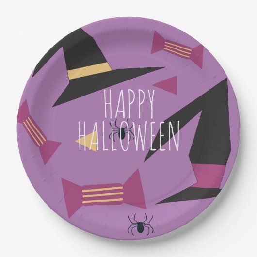 Cute Witch Pet Halloween Party Pattern Paars Papieren Bordje (Voorkant)