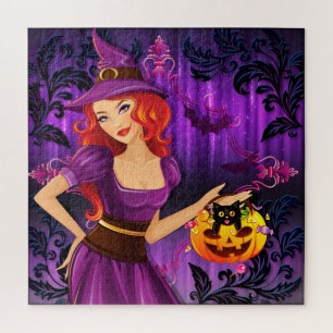 Cute Witch, pompoen en zwarte kat Legpuzzel