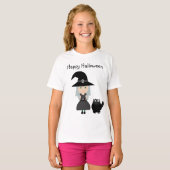Cute Witch, Spider & Cat Happy Halloween T-Shirt (Voorkant volledig)