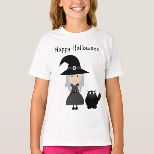 Cute Witch, Spider & Cat Happy Halloween T-Shirt (Voorkant)