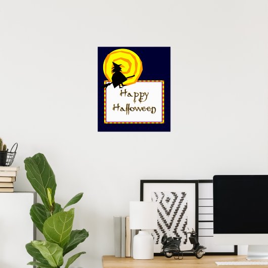 Cute Witch Swirly Moon Happy Halloween Poster (Thuiskantoor)