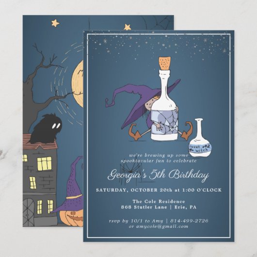 Cute Witch | Uitnodiging van Halloween Birthday (Voorkant / Achterkant)