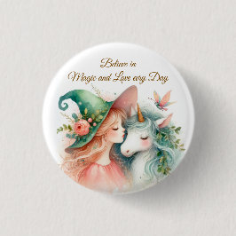 Cute Witch Unicorn Pin Magic Watercolor Fantasy Ronde Button 3,2 Cm