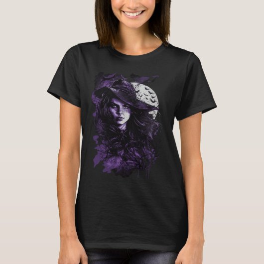 Cute Witch Wiccan Wicca Pagan Girl under Full Moon T-shirt (Voorkant)