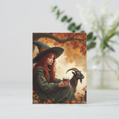 Cute Witch With Coffee and Her Pet Goat in Autumn Briefkaart (Staand voorkant)