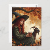 Cute Witch With Coffee and Her Pet Goat in Autumn Briefkaart (Voorkant / Achterkant)