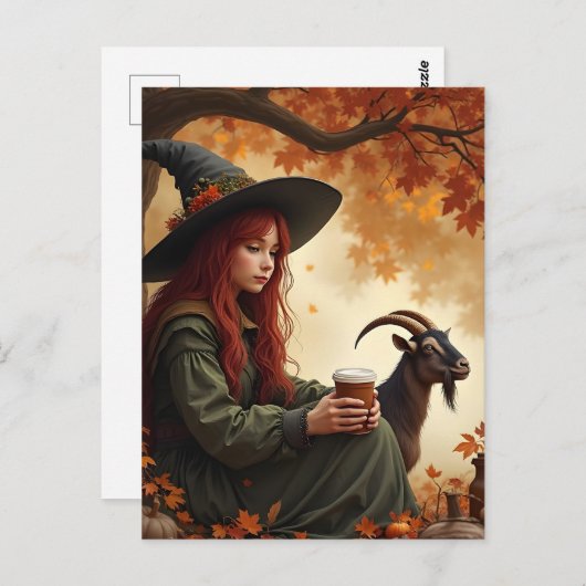 Cute Witch With Coffee and Her Pet Goat in Autumn Briefkaart (Voorkant / Achterkant)