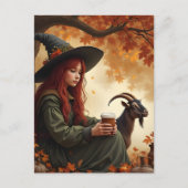 Cute Witch With Coffee and Her Pet Goat in Autumn Briefkaart (Voorkant)