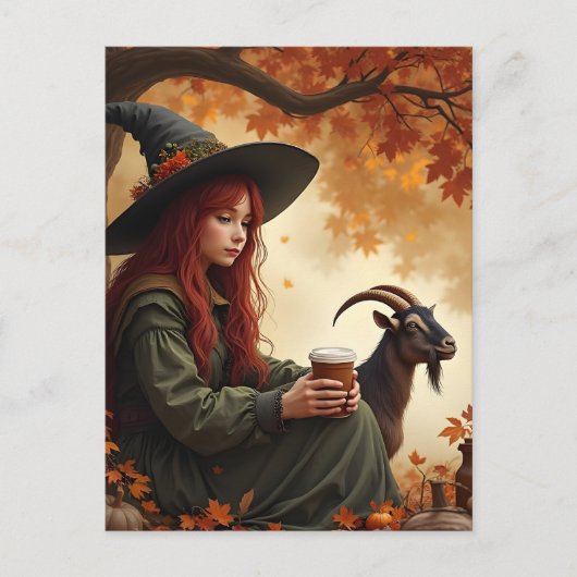 Cute Witch With Coffee and Her Pet Goat in Autumn Briefkaart (Voorkant)