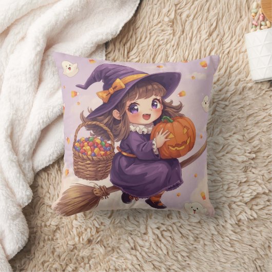 Cute Witch with Pumpkin Halloween Pillow Kussen (Deken)