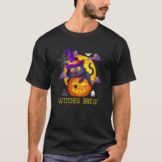 Cute Witches Brew Black Cat And Pumpkin Halloween  T-shirt (Voorkant)