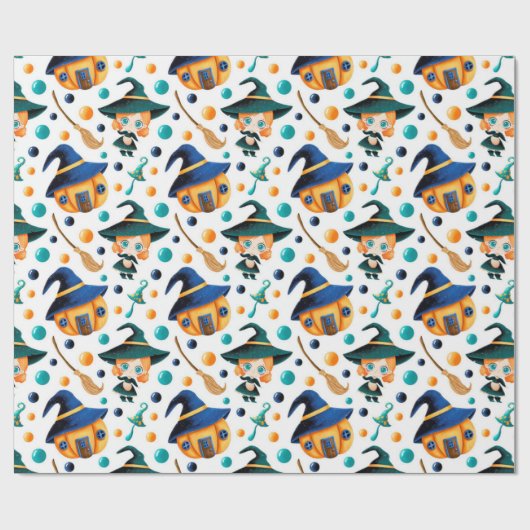 Cute Witches Pumpkin House Pattern Cadeaupapier (Vlak)