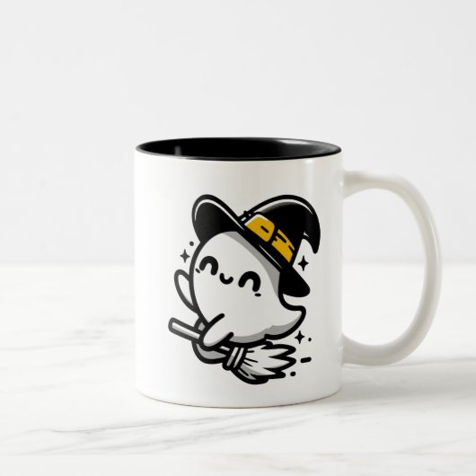 Cute Witchy Ghost on Broom Halloween Mug | Two-Sid Tweekleurige Koffiemok (Rechts)