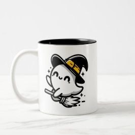 Cute Witchy Ghost on Broom Halloween Mug | Two-Sid Tweekleurige Koffiemok