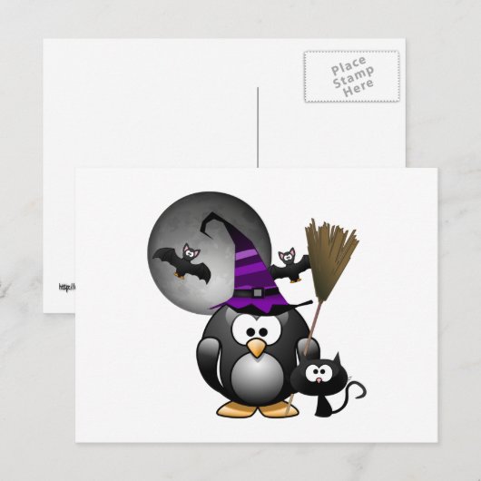 Cute Witchy Penguin met Halloween Scene Briefkaart (Voorkant / Achterkant)