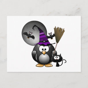Cute Witchy Penguin met Halloween Scene Briefkaart