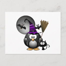 Cute Witchy Penguin met Halloween Scene Briefkaart