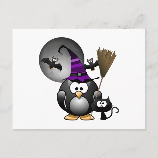 Cute Witchy Penguin met Halloween Scene Briefkaart (Voorkant)