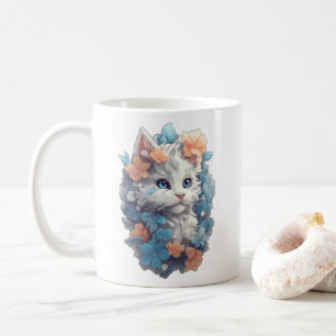 Cute Witte Bloem Kitty Kat Koffiemok
