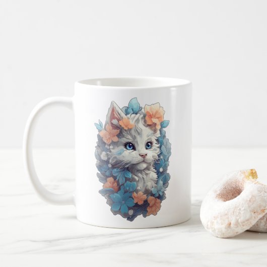 Cute Witte Bloem Kitty Kat Koffiemok (Met donut)