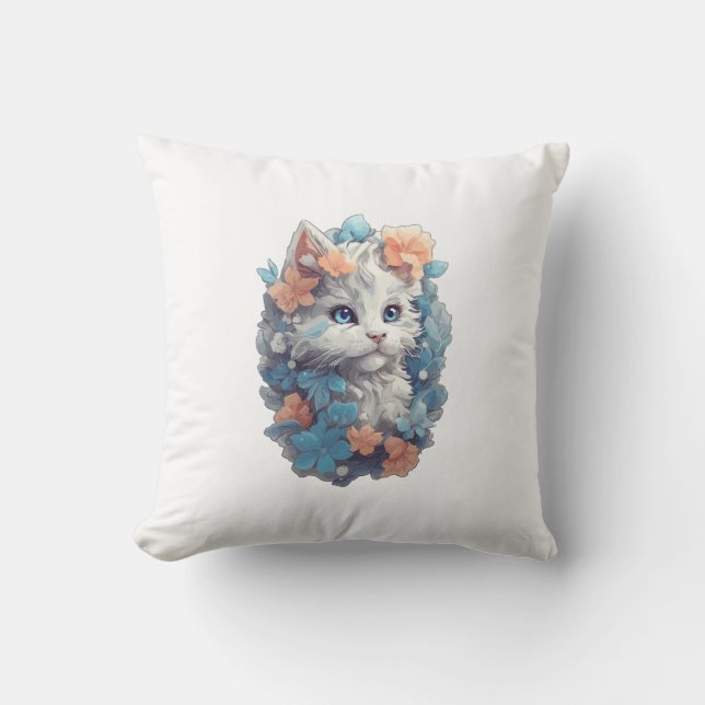 Cute Witte Bloem Kitty Kat Kussen (Voorkant)