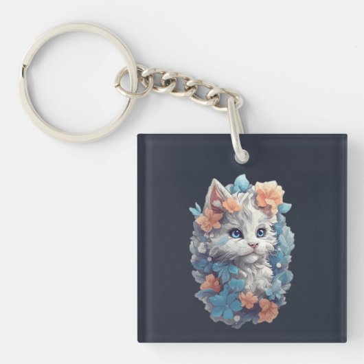 Cute Witte Bloem Kitty Kat Sleutelhanger (Voorkant)