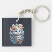 Cute Witte Bloem Kitty Kat Sleutelhanger (Achterkant)