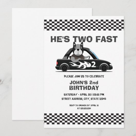 Cute Witte en Grijze Raceauto Twee Snel 2e Verjaar Kaart (Voorkant / Achterkant)