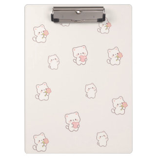 Cute Witte Kat Patroon – Kawaii Harten & Bloemen Klembord