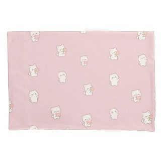 Cute Witte Kat Patroon – Kawaii Harten & Bloemen Kussensloop