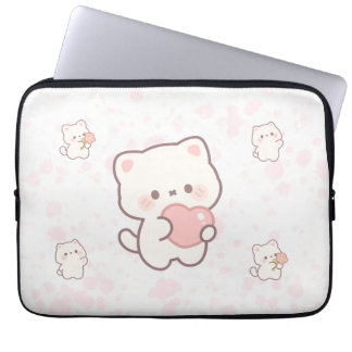 Cute Witte Kat Patroon – Kawaii Harten & Bloemen Laptop Sleeve