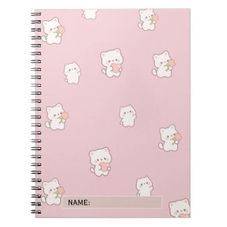 Cute Witte Kat Patroon – Kawaii Harten & Bloemen Notitieboek