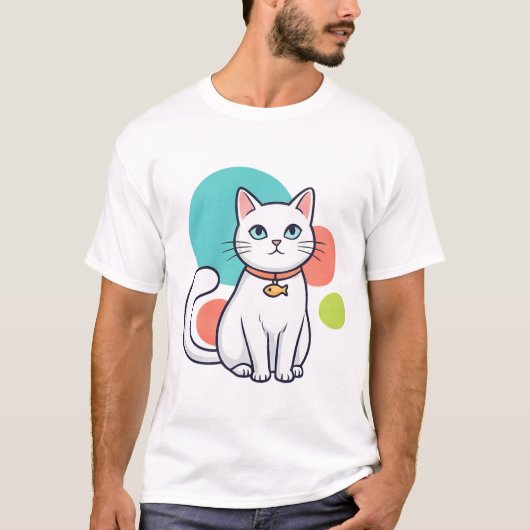 Cute Witte Kat Vis Kraag T-shirt (Voorkant)