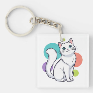 Cute Witte Kat Zittende Grafische T-shirt Sleutelhanger