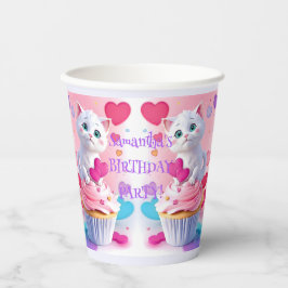Cute Witte Kitten & Cupcake Meisjesachtig Verjaard Papieren Bekers