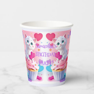 Cute Witte Kitten & Cupcake Meisjesachtig Verjaard Papieren Bekers