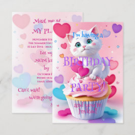 Cute Witte Kitten en Cupcake Meisjesachtig Verjaar Kaart