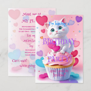 Cute Witte Kitten en Cupcake Meisjesachtig Verjaar Kaart