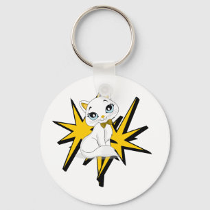 Cute Witte Kitty Pop Art Illustratie Sleutelhanger