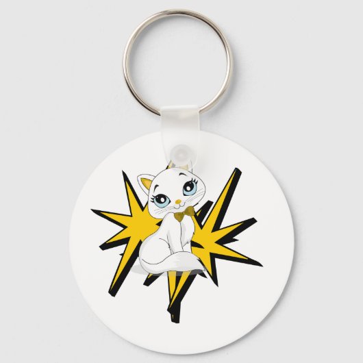 Cute Witte Kitty Pop Art Illustratie Sleutelhanger (Voorkant)