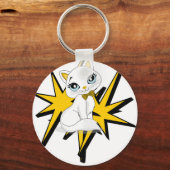 Cute Witte Kitty Pop Art Illustratie Sleutelhanger (Achterkant)