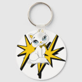Cute Witte Kitty Pop Art Illustratie Sleutelhanger (Achterkant)