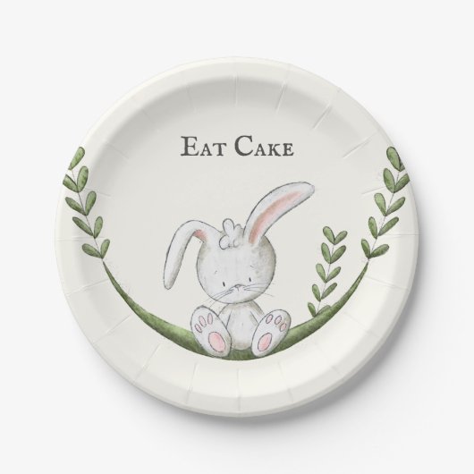 Cute Witte Konijn Groene Feestje Papieren Bordje (Voorkant)