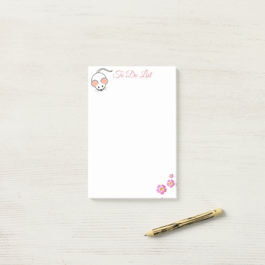 Cute witte muis & roze bloemen op wit post-it® notes (Op bureau)