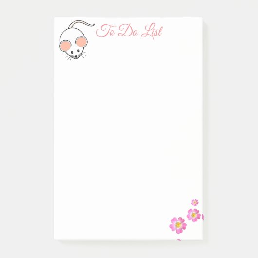 Cute witte muis & roze bloemen op wit post-it® notes (Voorkant)