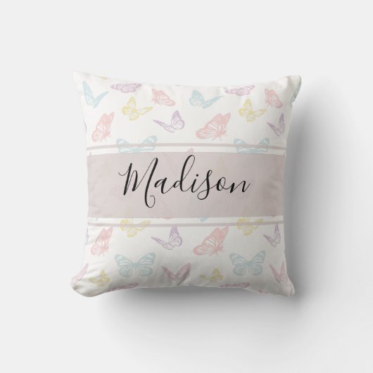 Cute Witte Pastel Vlinder Patroon Monogram Kussen (Voorkant)