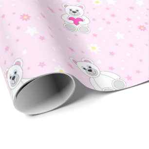 Cute Witte Teddybeer Roze Baby Shower Patroon Cadeaupapier